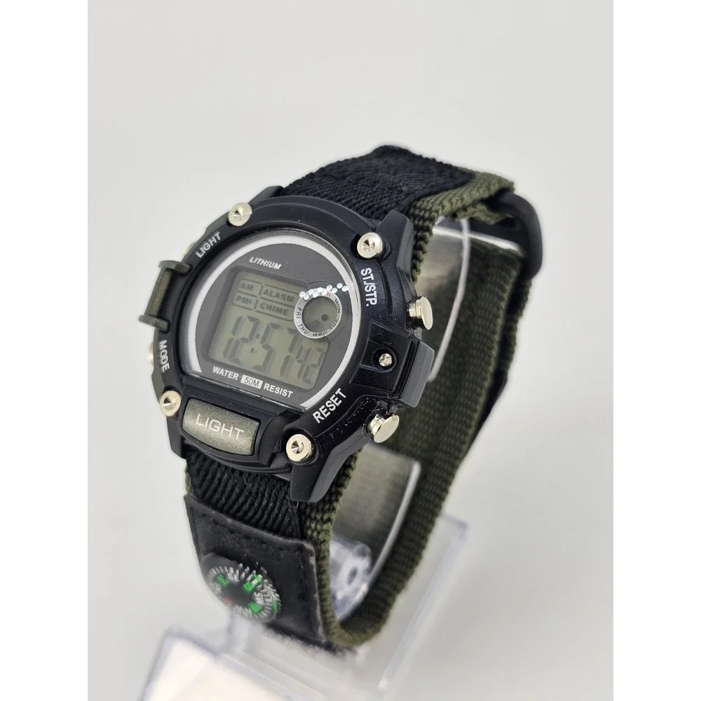 Men's Sports Digital Watch 46MM Black Green Nylon Band Compass New Battery